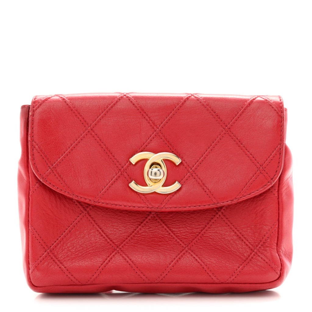Lambskin Diamond Stitched Waist Chain Belt Flap Bag 75 30  Red