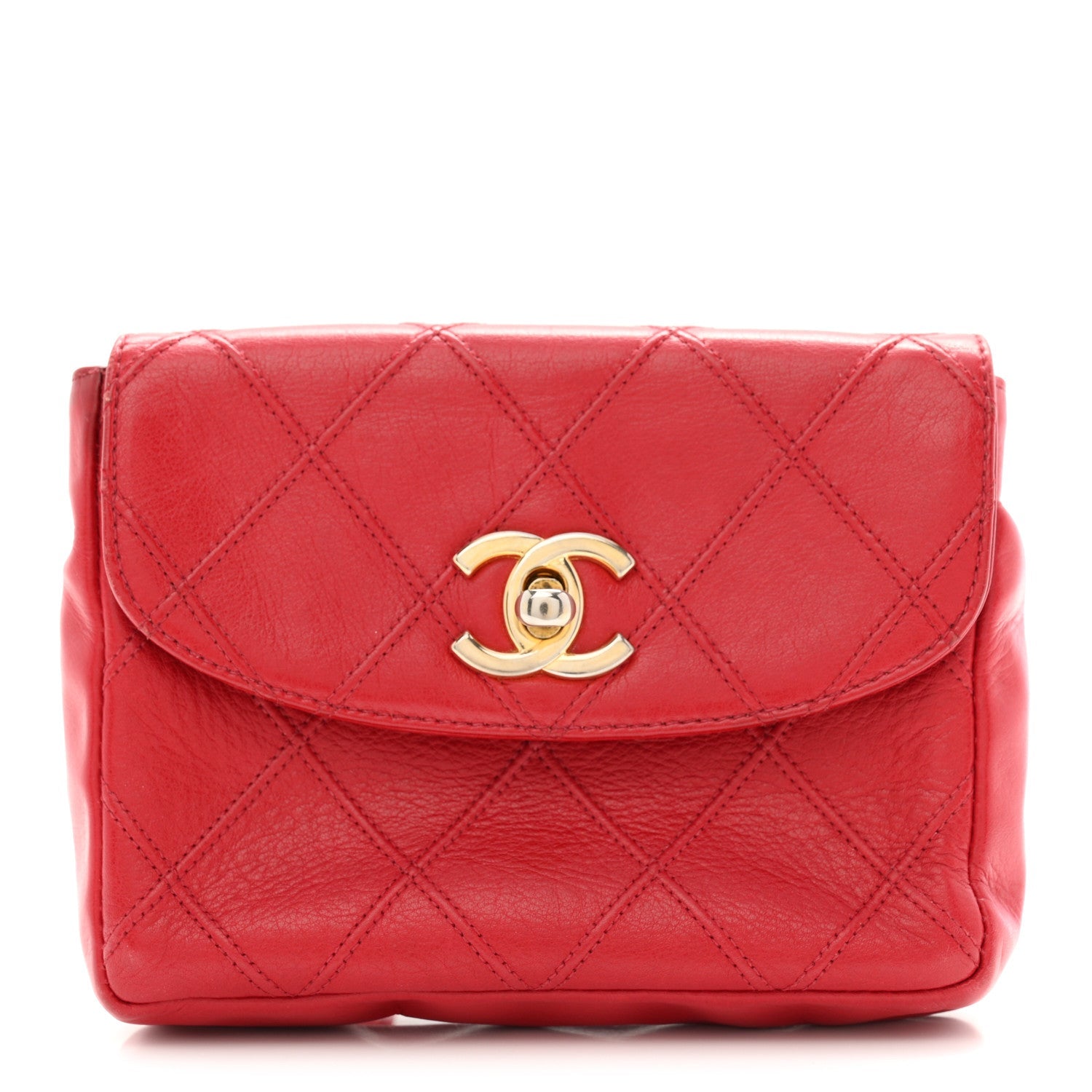 Lambskin Diamond Stitched Waist Chain Belt Flap Bag 75 30  Red