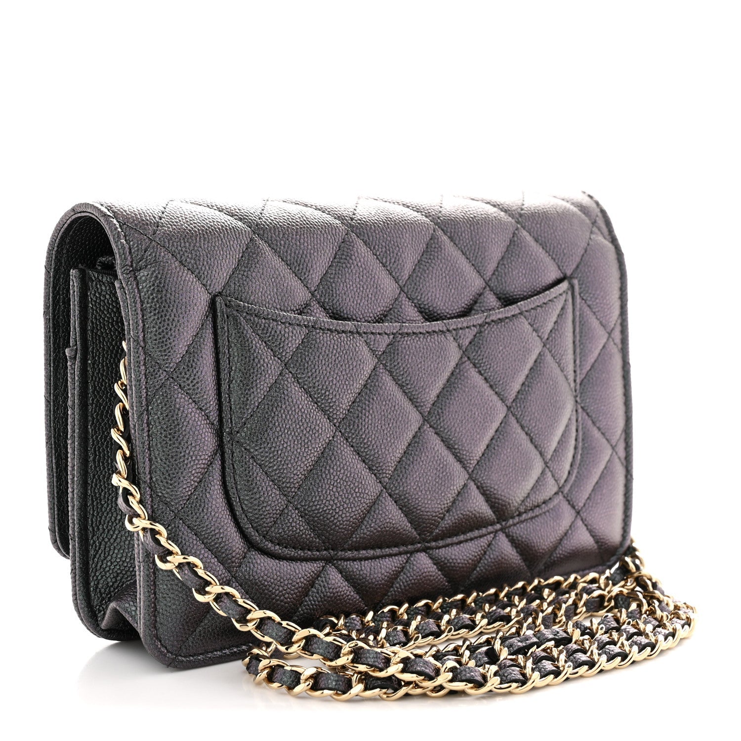 Iridescent Caviar Quilted Wallet on Chain WOC Dark Blue