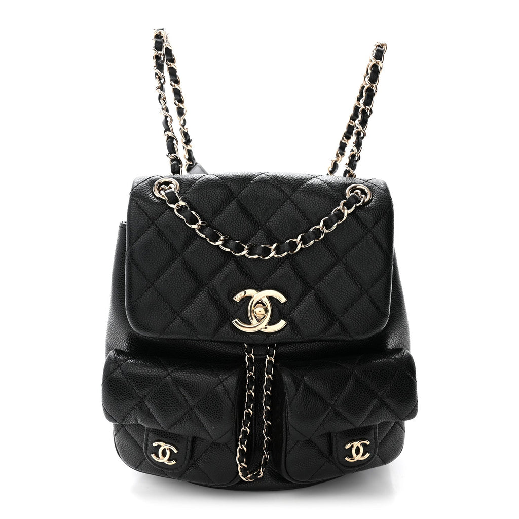 Shiny Caviar Quilted Medium Duma Pockets Drawstring Backpack Black