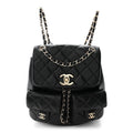 Shiny Caviar Quilted Medium Duma Pockets Drawstring Backpack Black