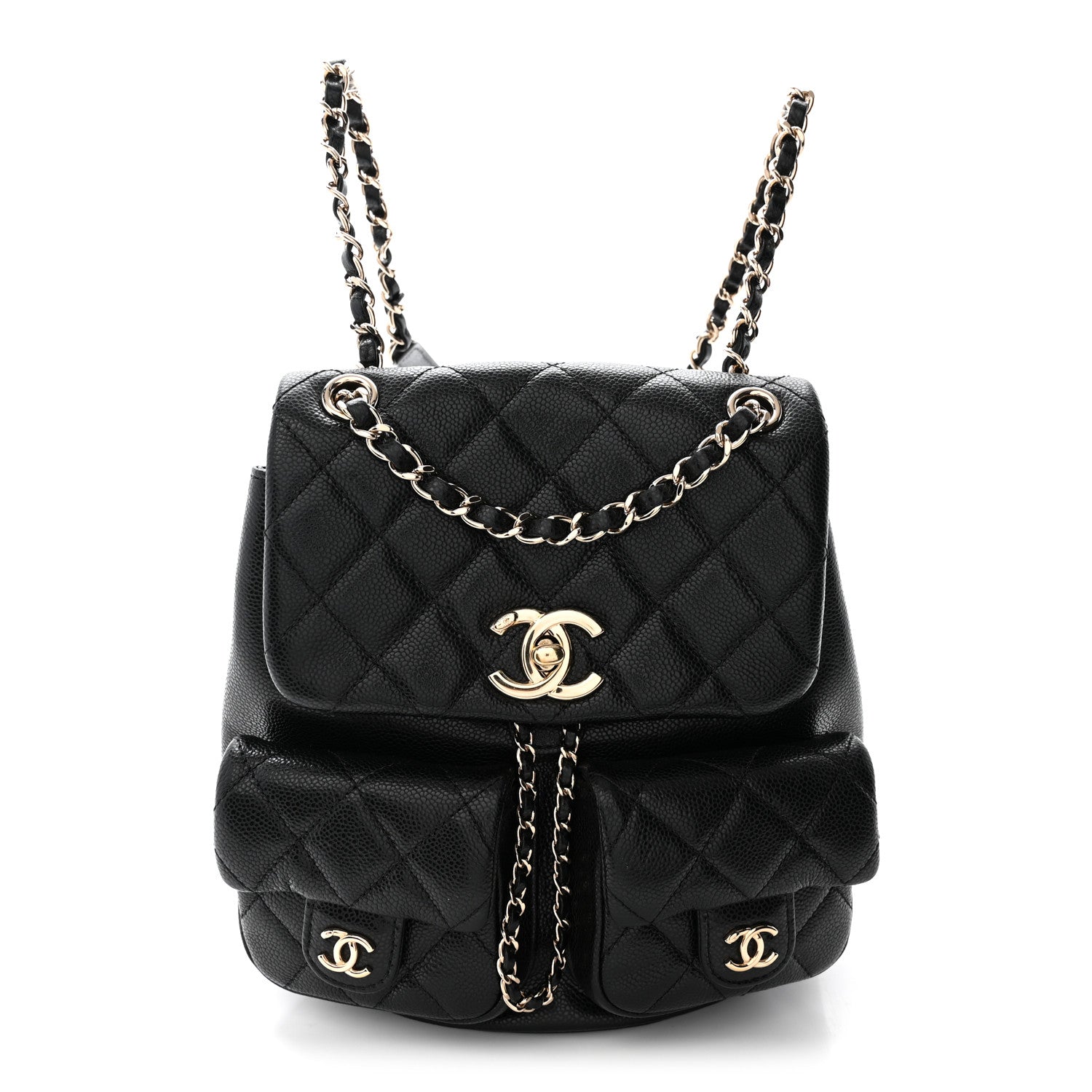 Shiny Caviar Quilted Medium Duma Pockets Drawstring Backpack Black