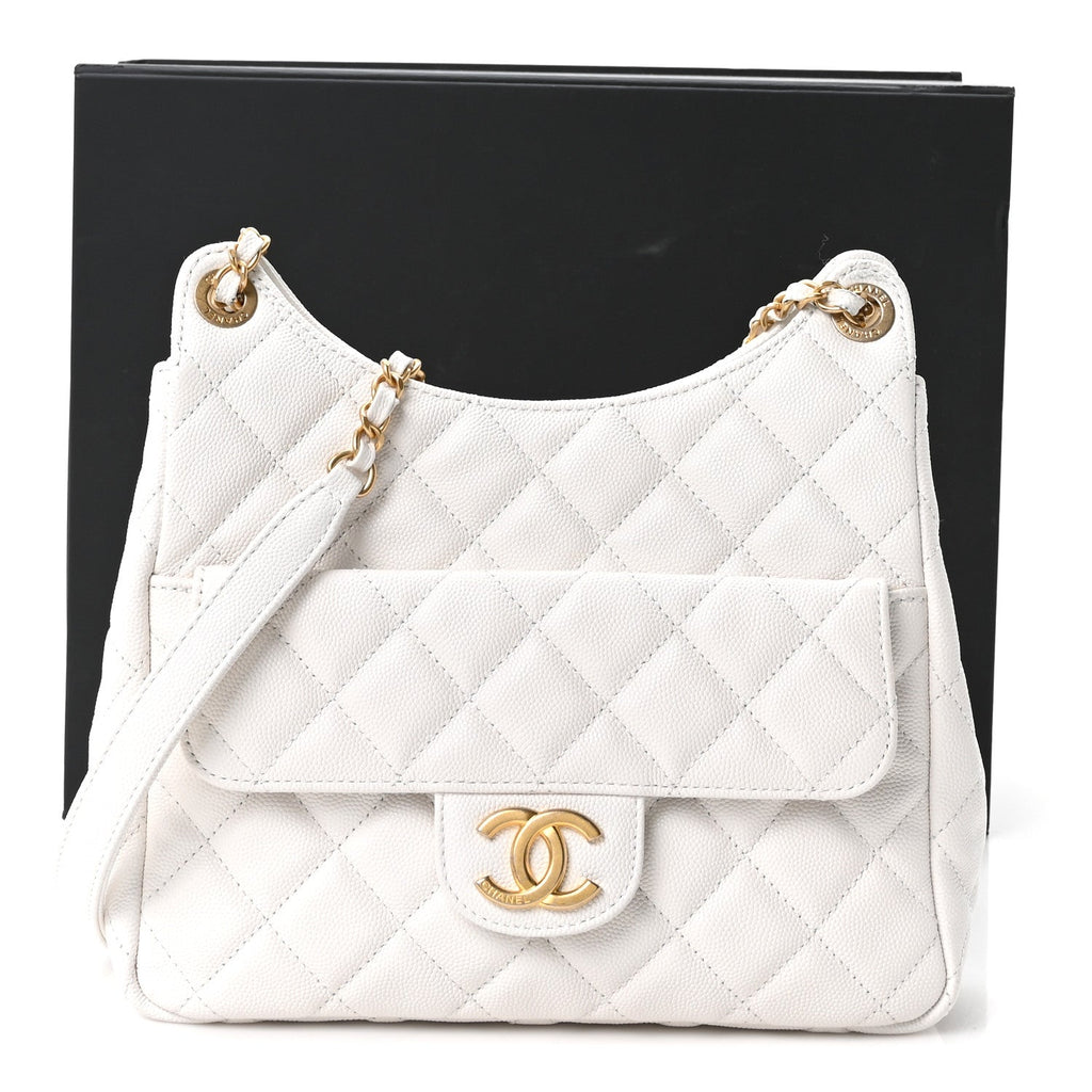Caviar Quilted Wavy CC Hobo White
