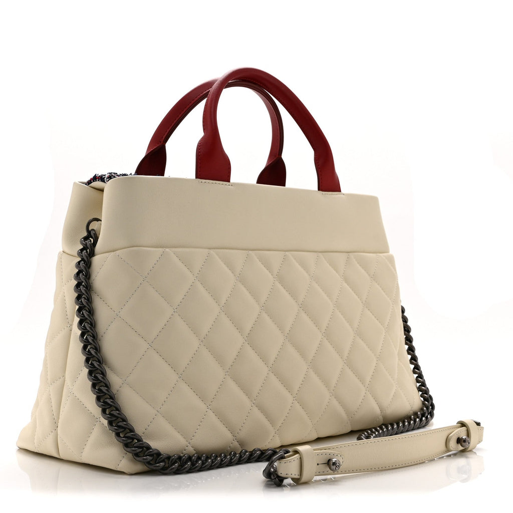 Calfskin Tweed Quilted Large Portobello Tote White Multicolor