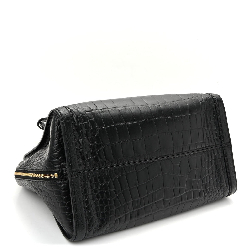 Calfskin Crocodile Embossed Large Skull Padlock Zip Around Tote Black