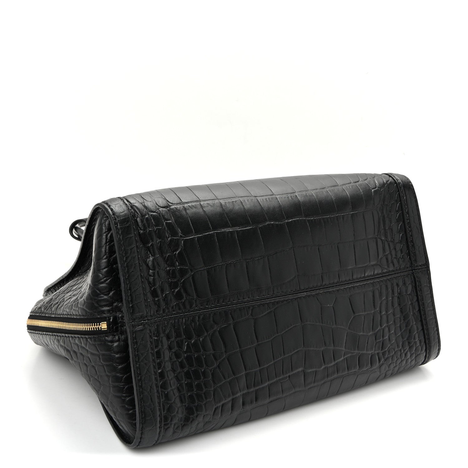 Calfskin Crocodile Embossed Large Skull Padlock Zip Around Tote Black