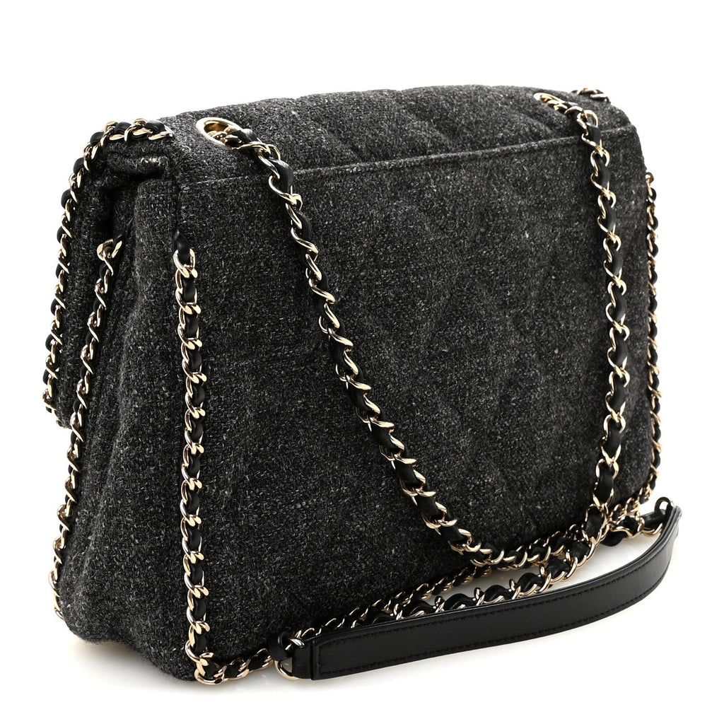 Wool Tweed Quilted Coco Neige Chain Around Flap Black