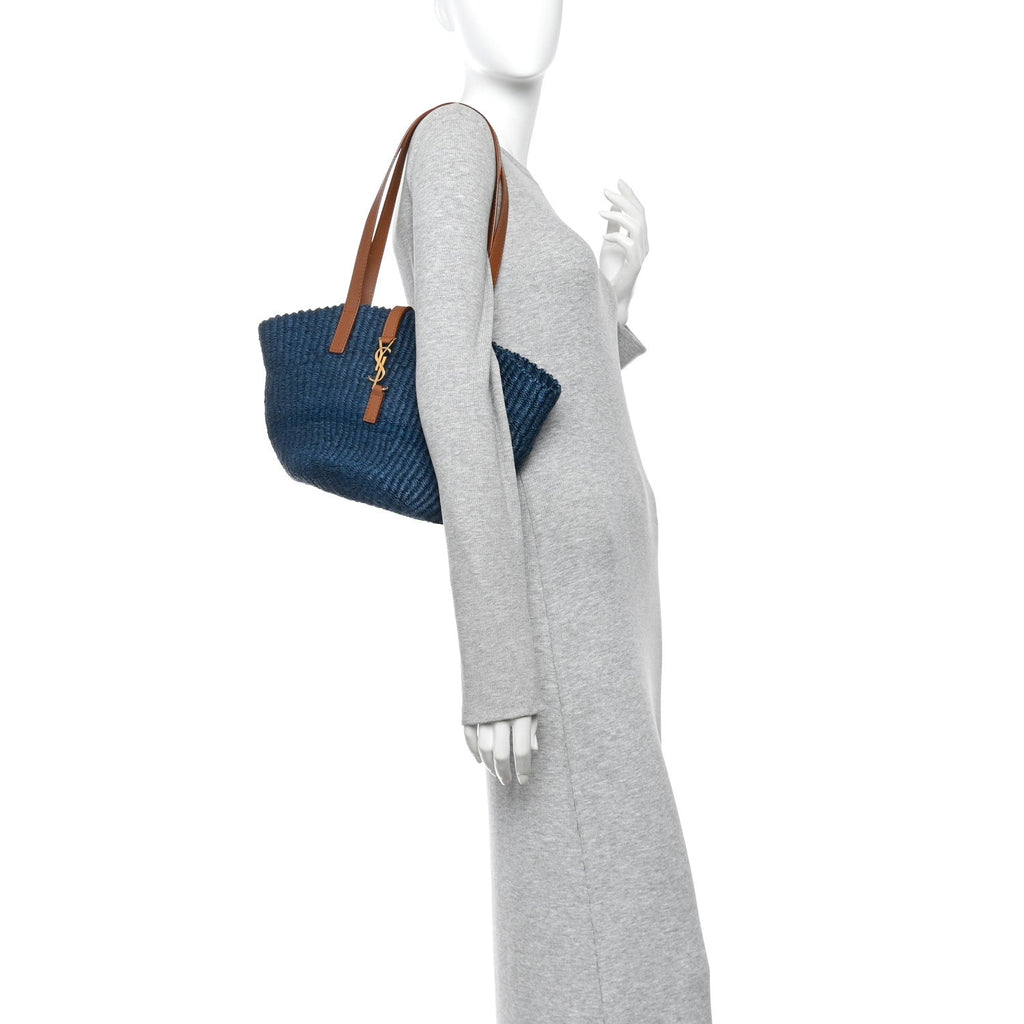 Raffia Calfskin Small Panier Tote Blue