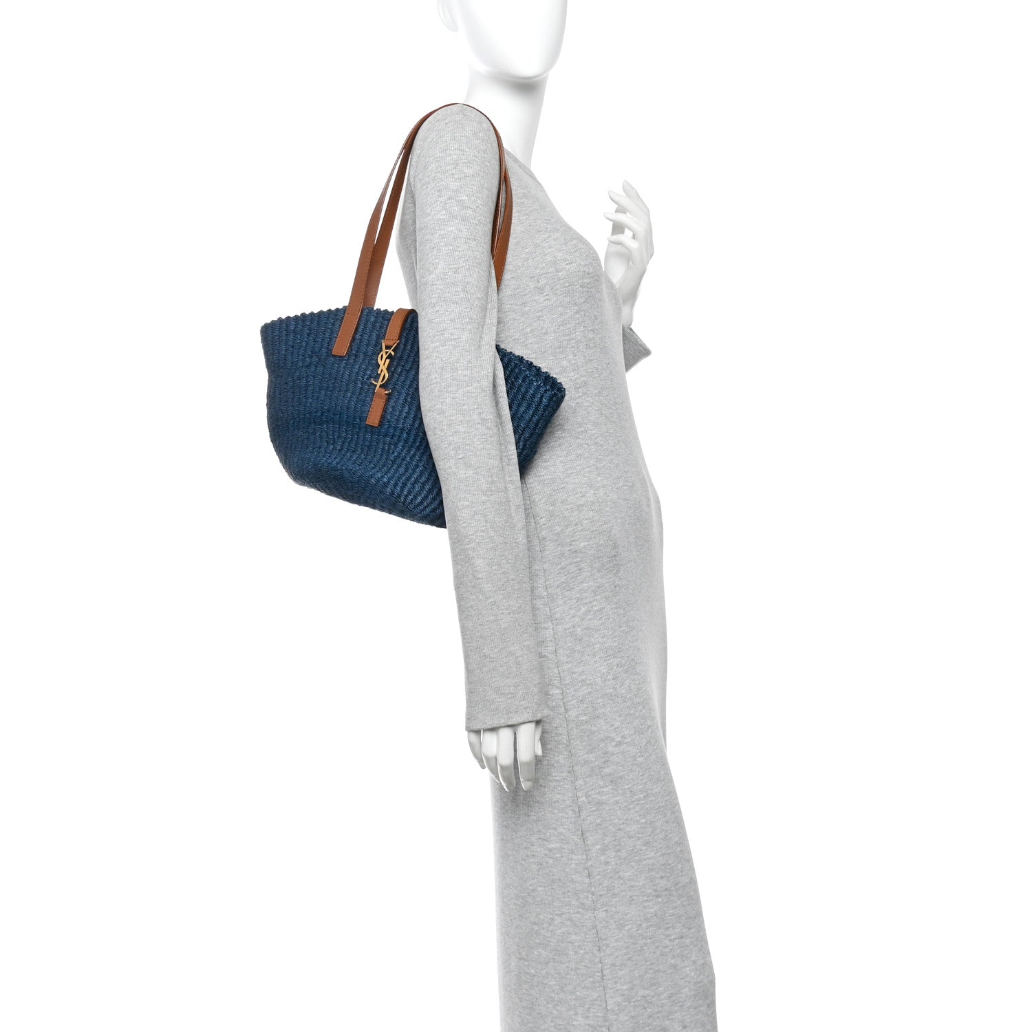 Raffia Calfskin Small Panier Tote Blue
