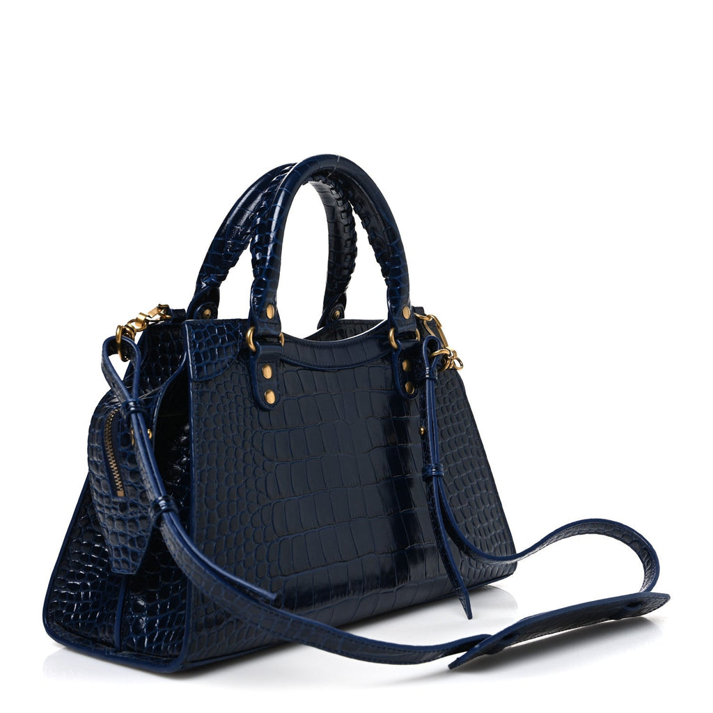 Shiny Supple Calfskin Crocodile Embossed Neo Classic Gold Hardware S City Navy