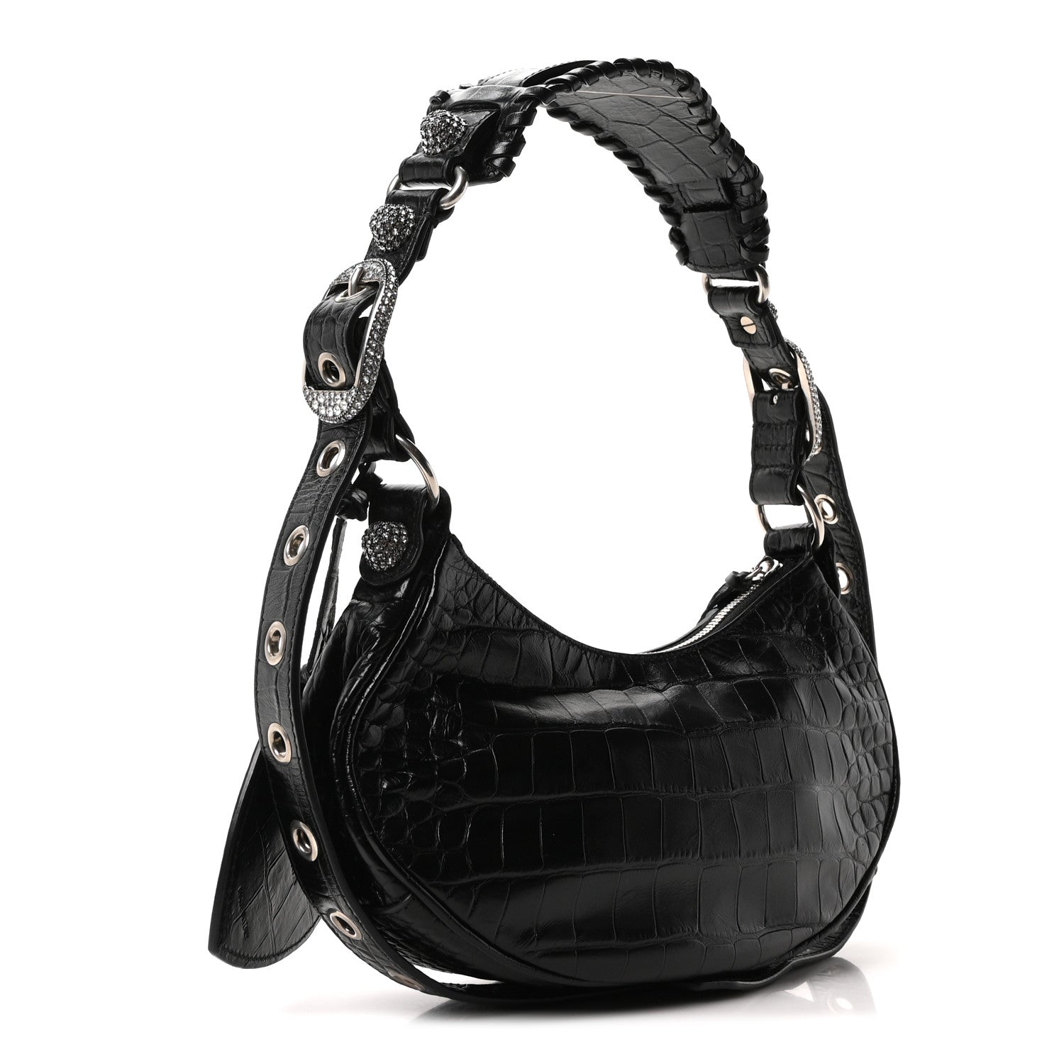 Extra Supple Calfskin Crystal Crocodile Embossed Le Cagole Shoulder Bag XS Black