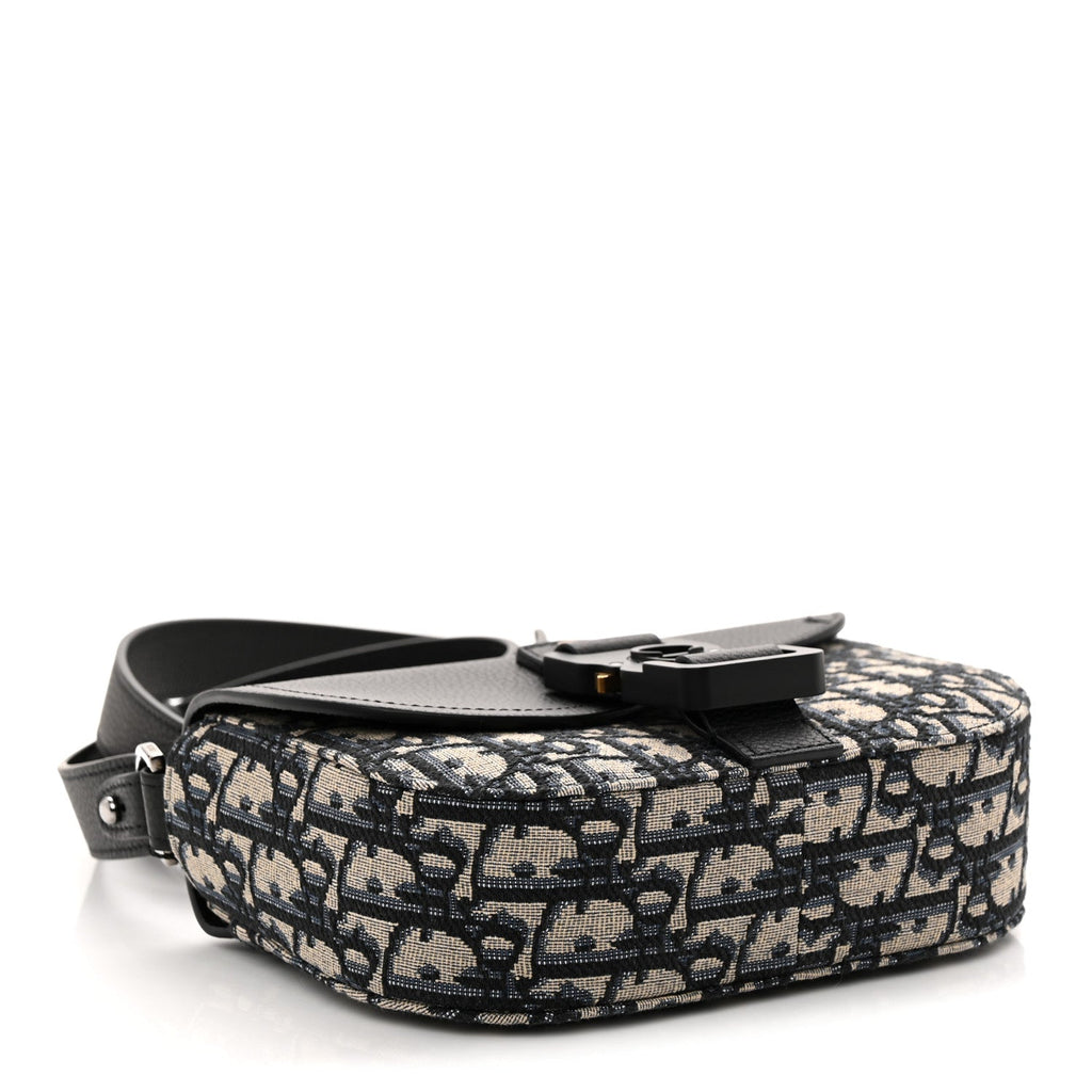 Grained Calfskin Oblique Mini Saddle Messenger Bag With Flap Beige Black