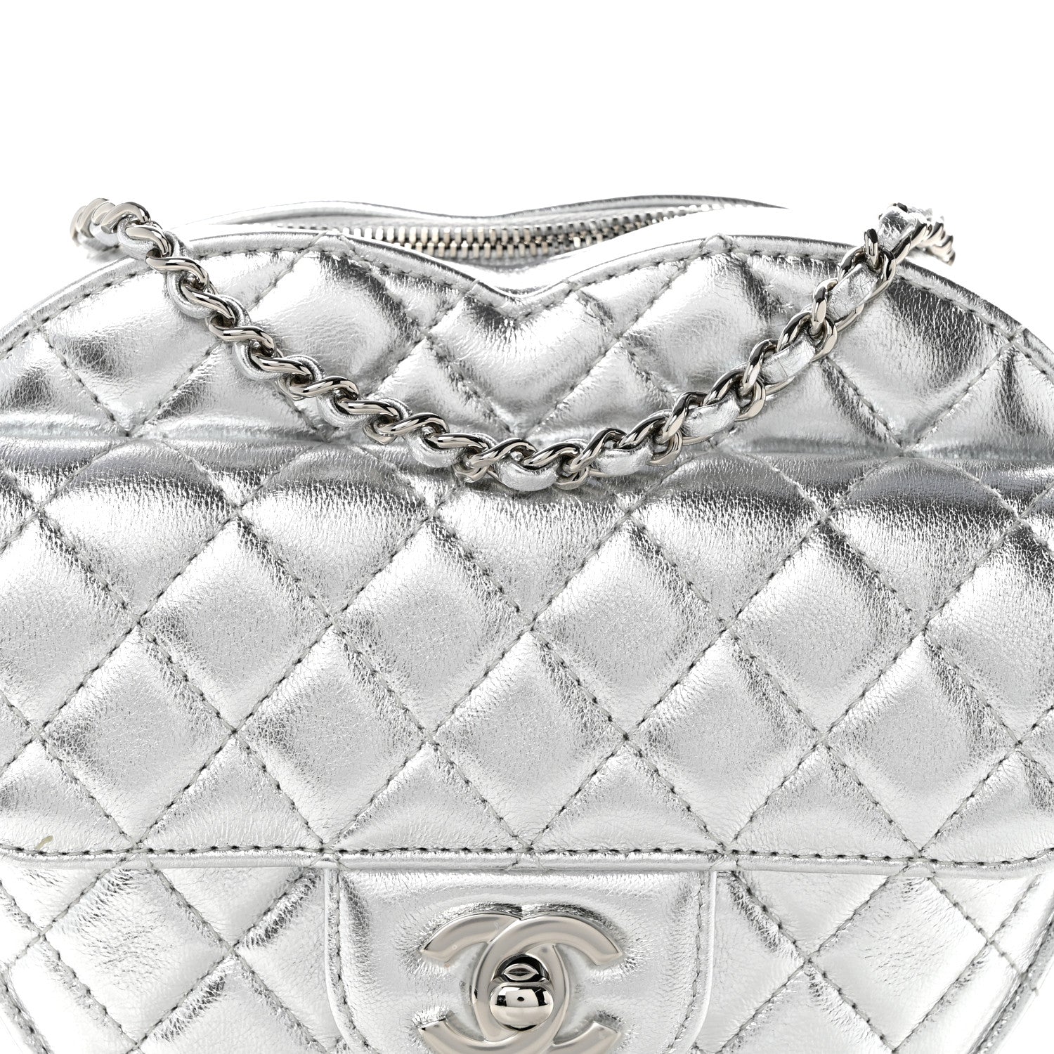Metallic Lambskin Quilted Large CC In Love Heart Bag Silver