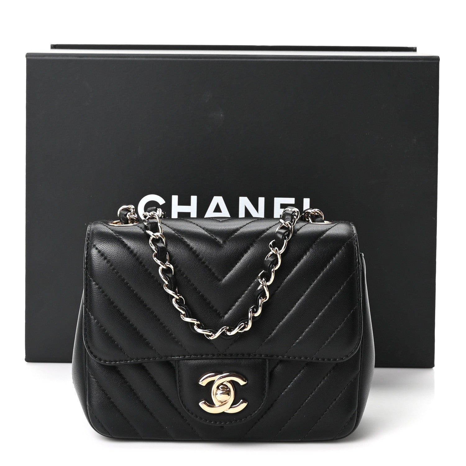 Lambskin Chevron Quilted Mini Square Flap Black