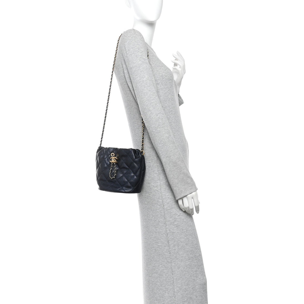Iridescent Caviar Quilted My Perfect CC Bucket Drawstring Bag Blue