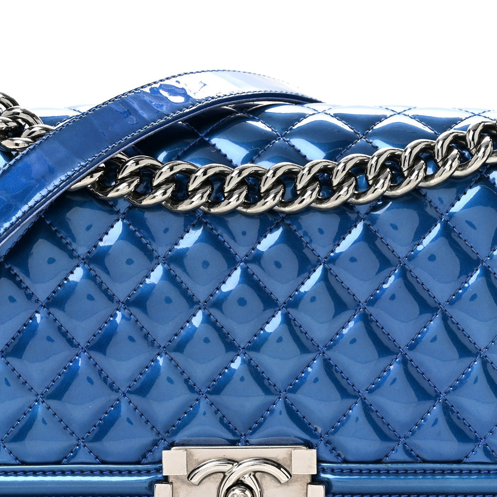 Metallic Patent Quilted Medium Boy Flap Blue