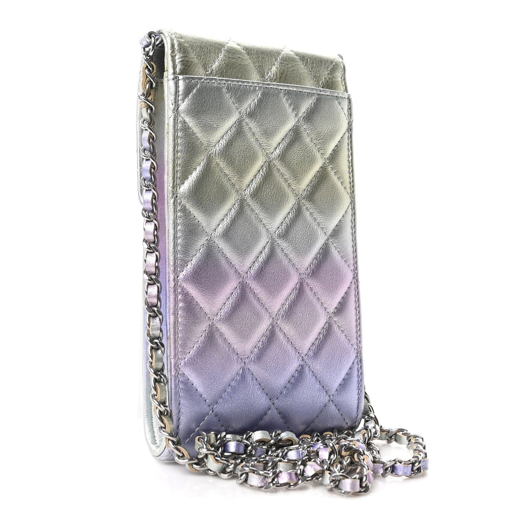 Gradient Metallic Calfskin Quilted CC Phone Holder Silver Blue Yellow Purple