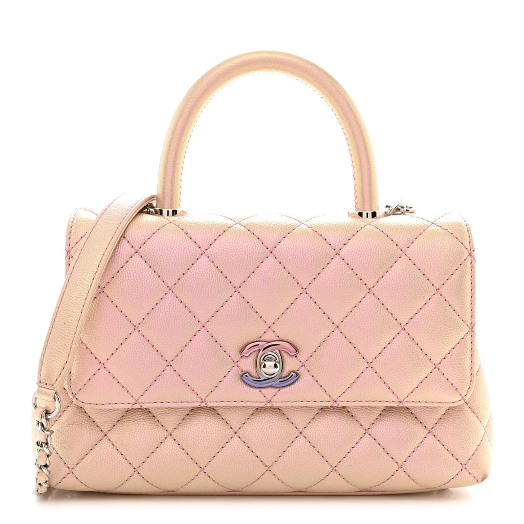Iridescent Caviar Quilted Mini Coco Handle Flap Pink