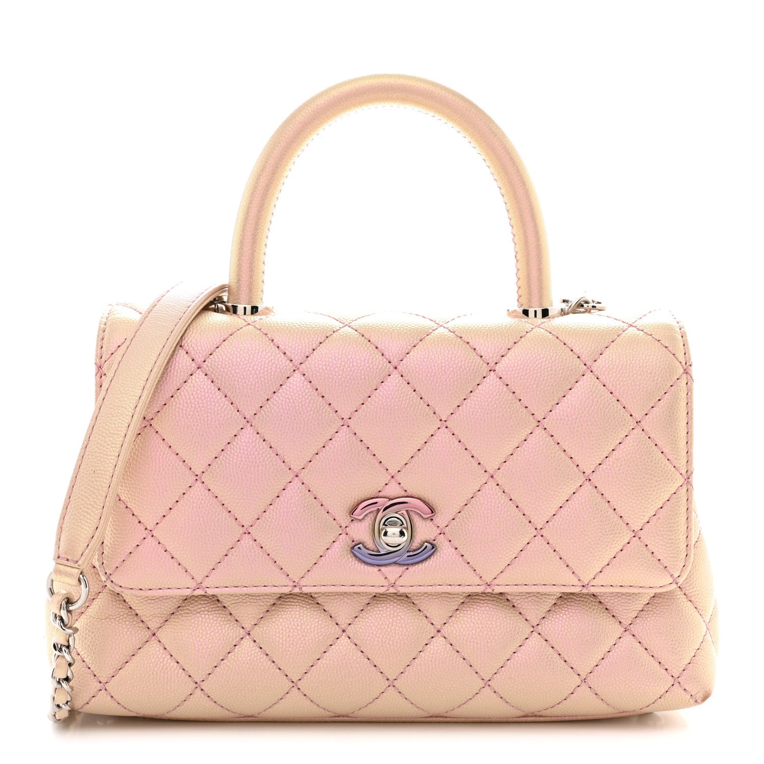 Iridescent Caviar Quilted Mini Coco Handle Flap Pink