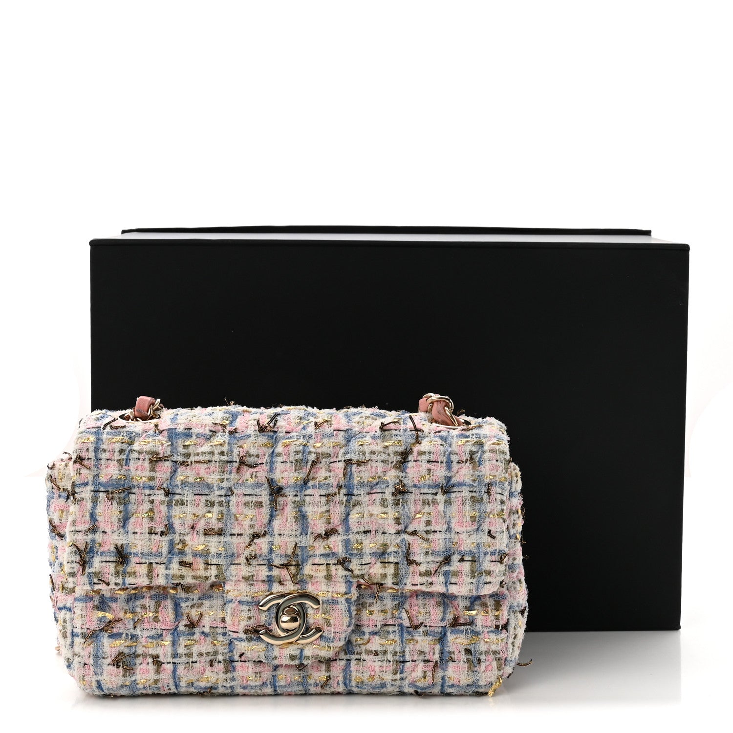 Tweed Quilted Mini Rectangular Flap Light Blue Pink Gold White