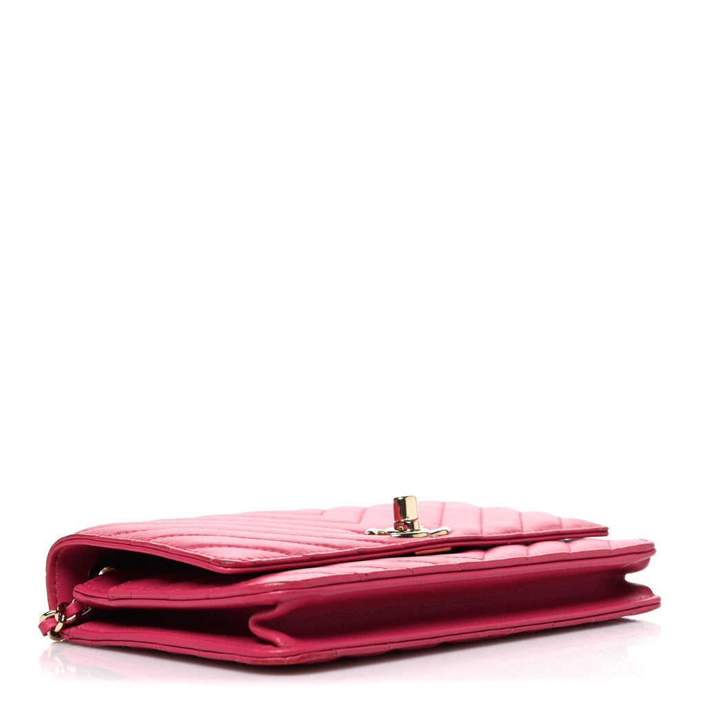 Lambskin Chevron Quilted Trendy CC Wallet On Chain WOC Dark Pink