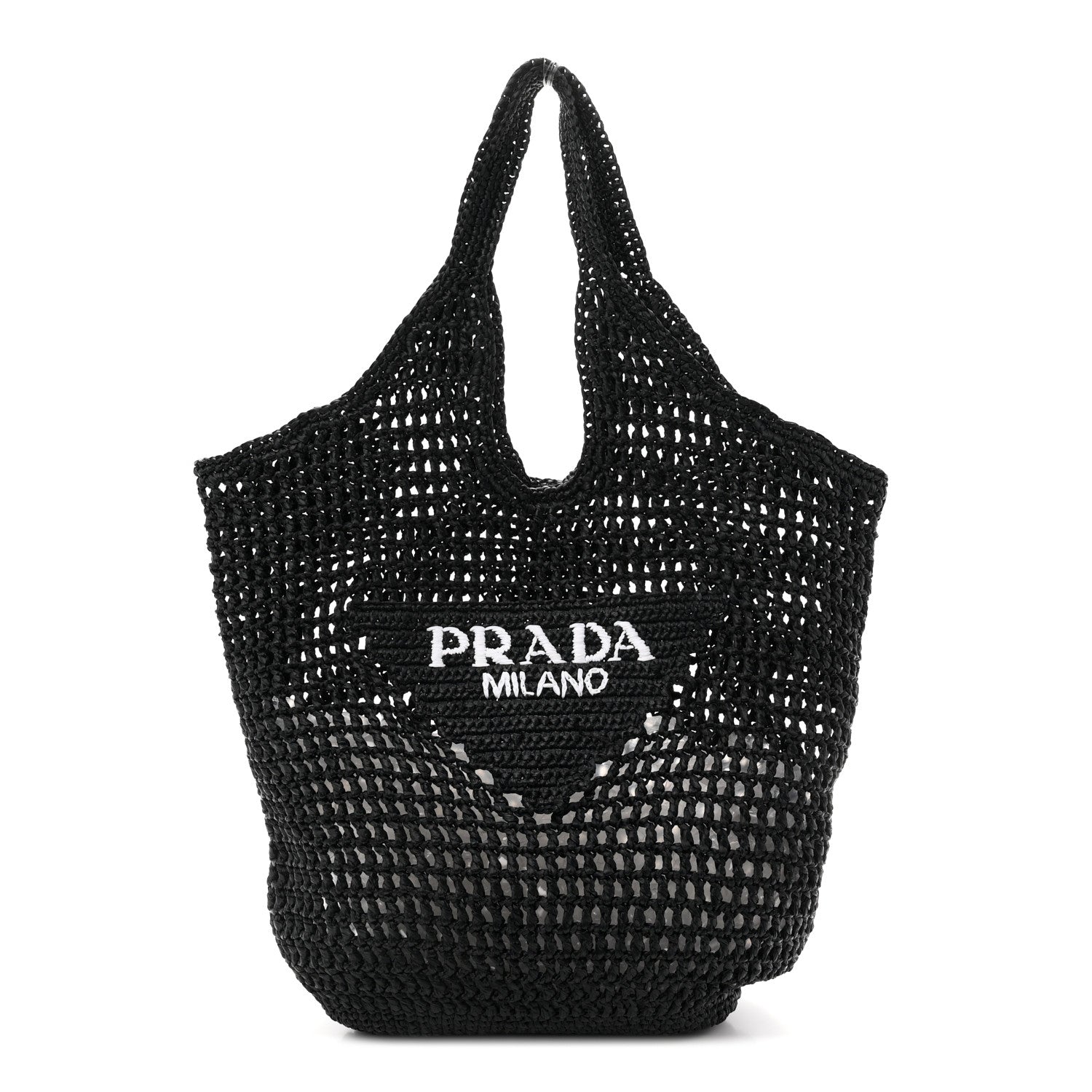Yarn Raffia Effect Crochet Logo Embroidered Shopping Tote Bag Black