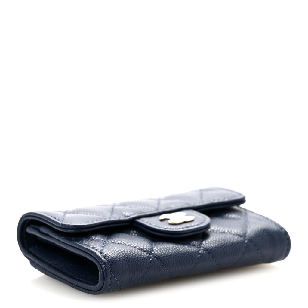 Caviar Quilted Flap Card Holder Wallet Navy Blue
