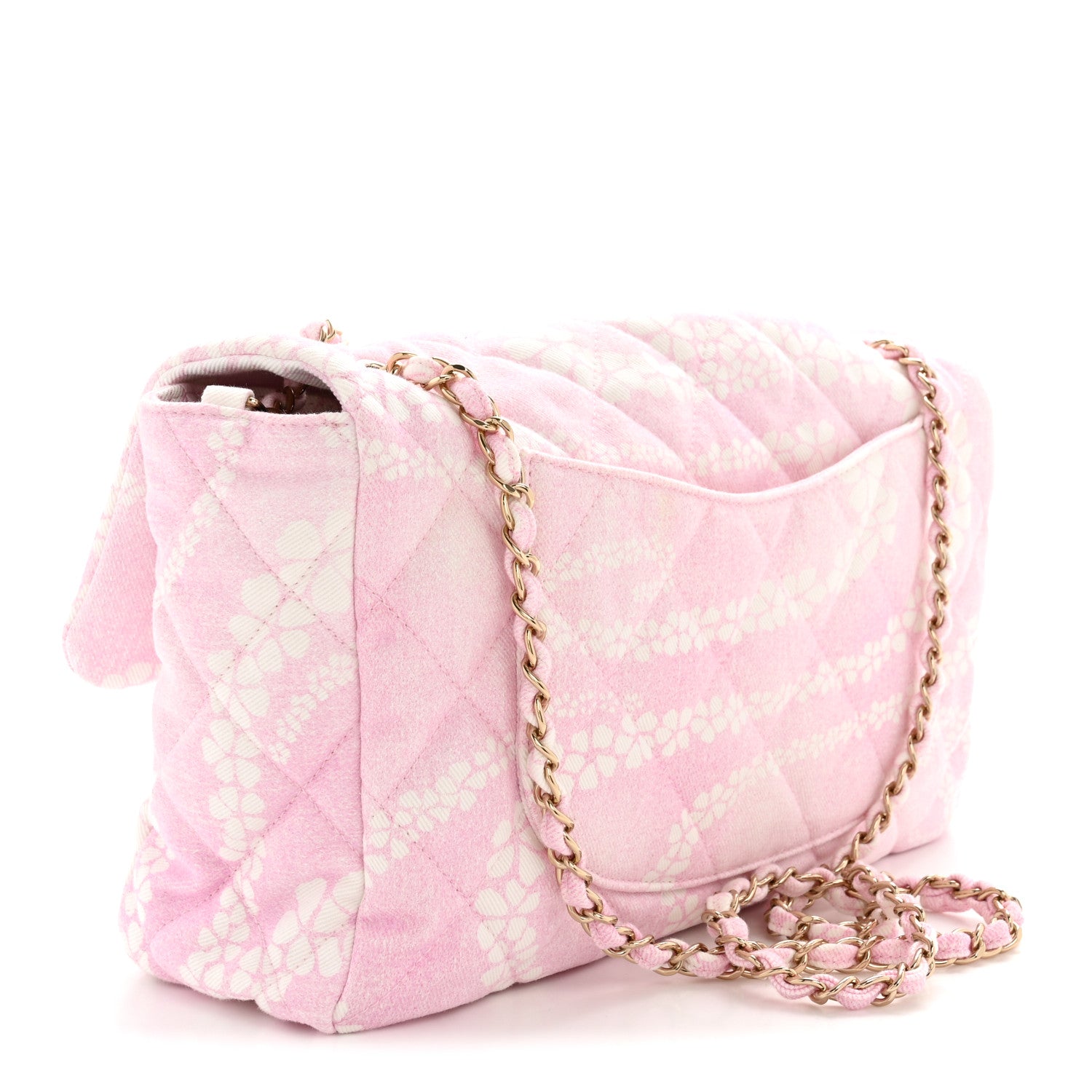 Printed Denim Quilted Medium Single Flap Bag Pink White Pink White