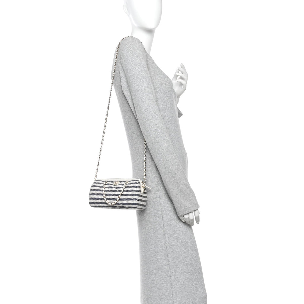 Printed Fabric Clutch With Chain Light Beige Dark Blue