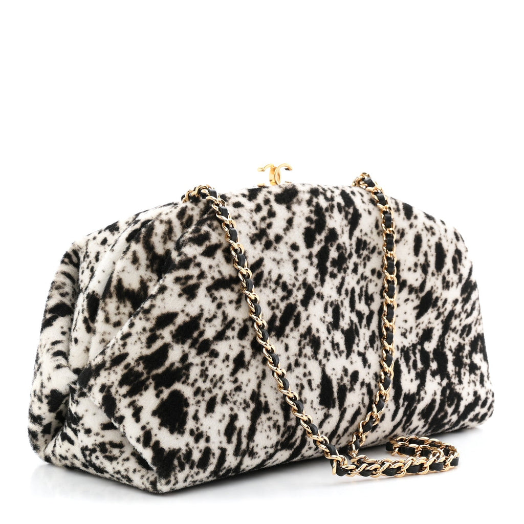 Lambskin Pony Hair Printed Clutch With Chain Black White Black White
