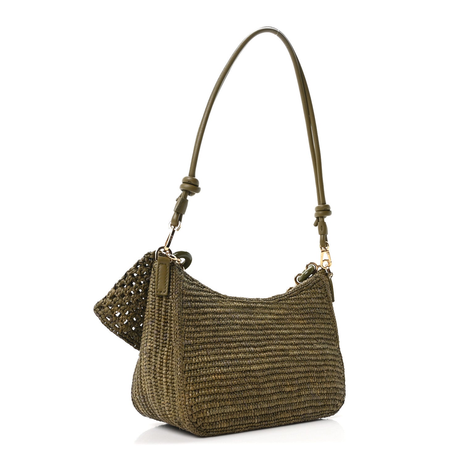 Raffia Calfskin Donut Chain Medium Ola Shoulder Bag Dark Khaki