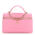 Shiny Caviar Chevron Quilted Top Handle Vanity With Chain Rose