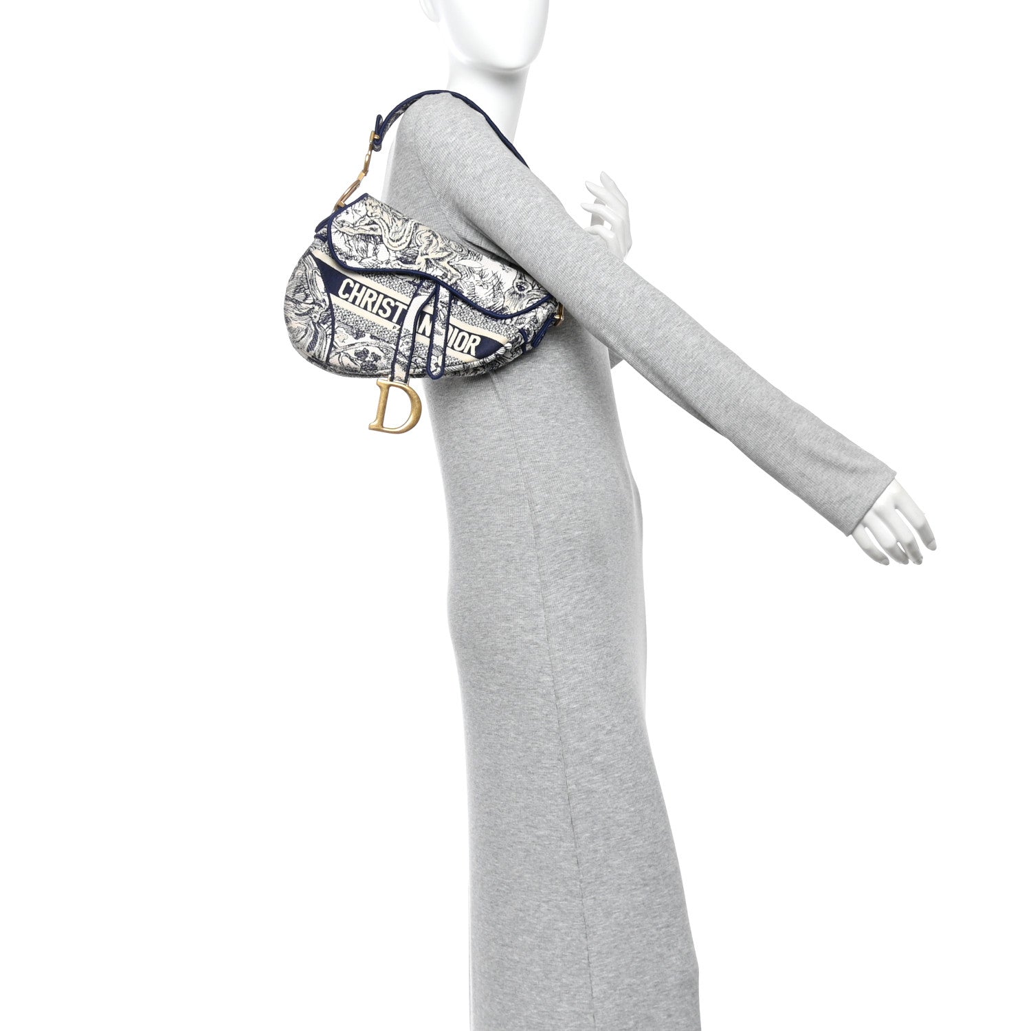 Canvas Embroidered Toile de Jouy Saddle Bag Blue