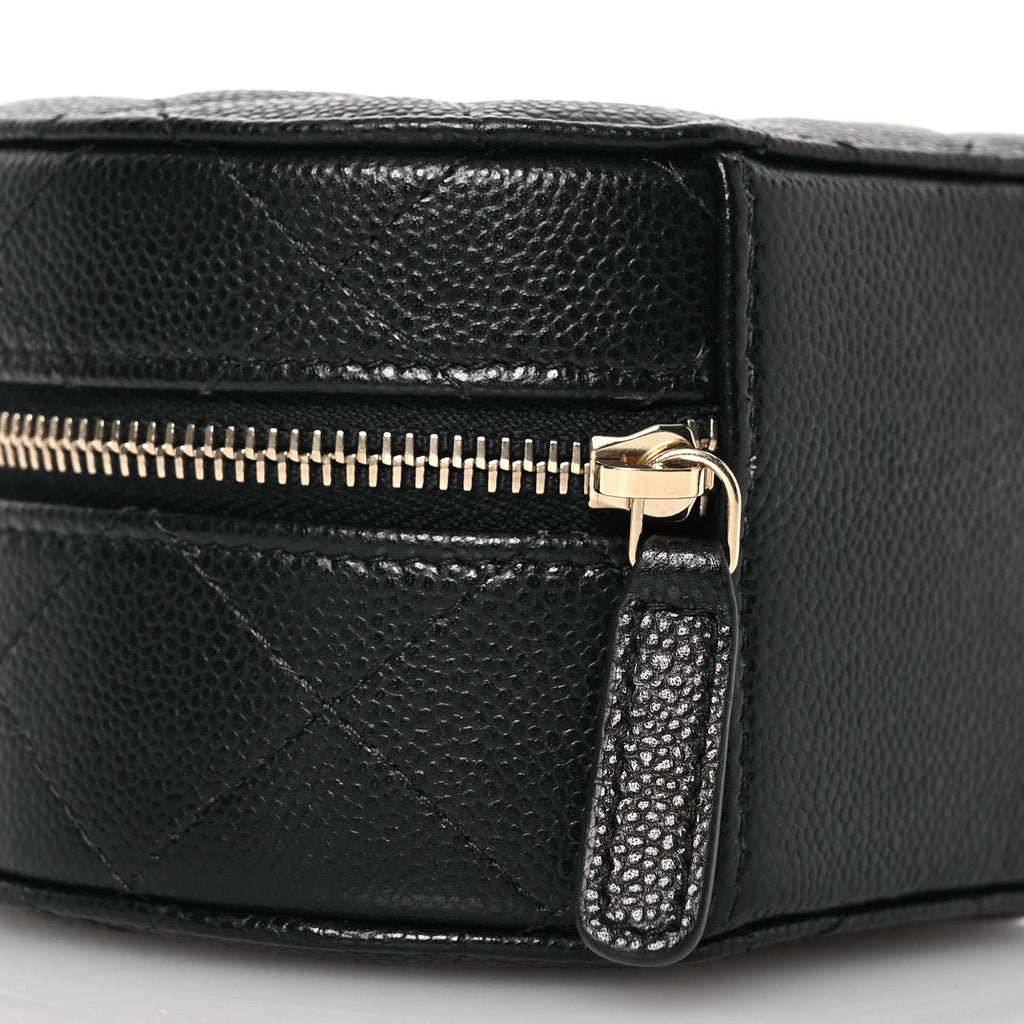 Caviar Quilted Round Top Handle Jewelry Case With Chain Black