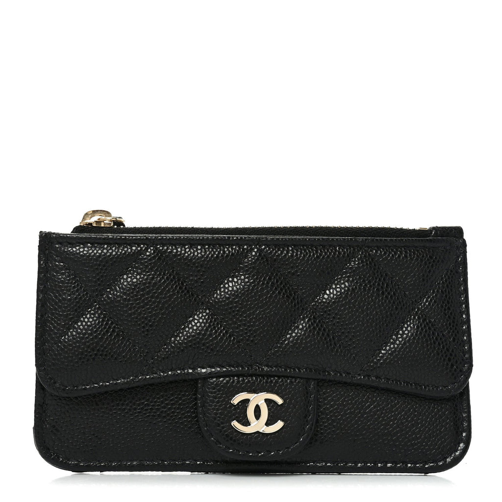 Caviar Quilted Flap Zip Card Holder Black