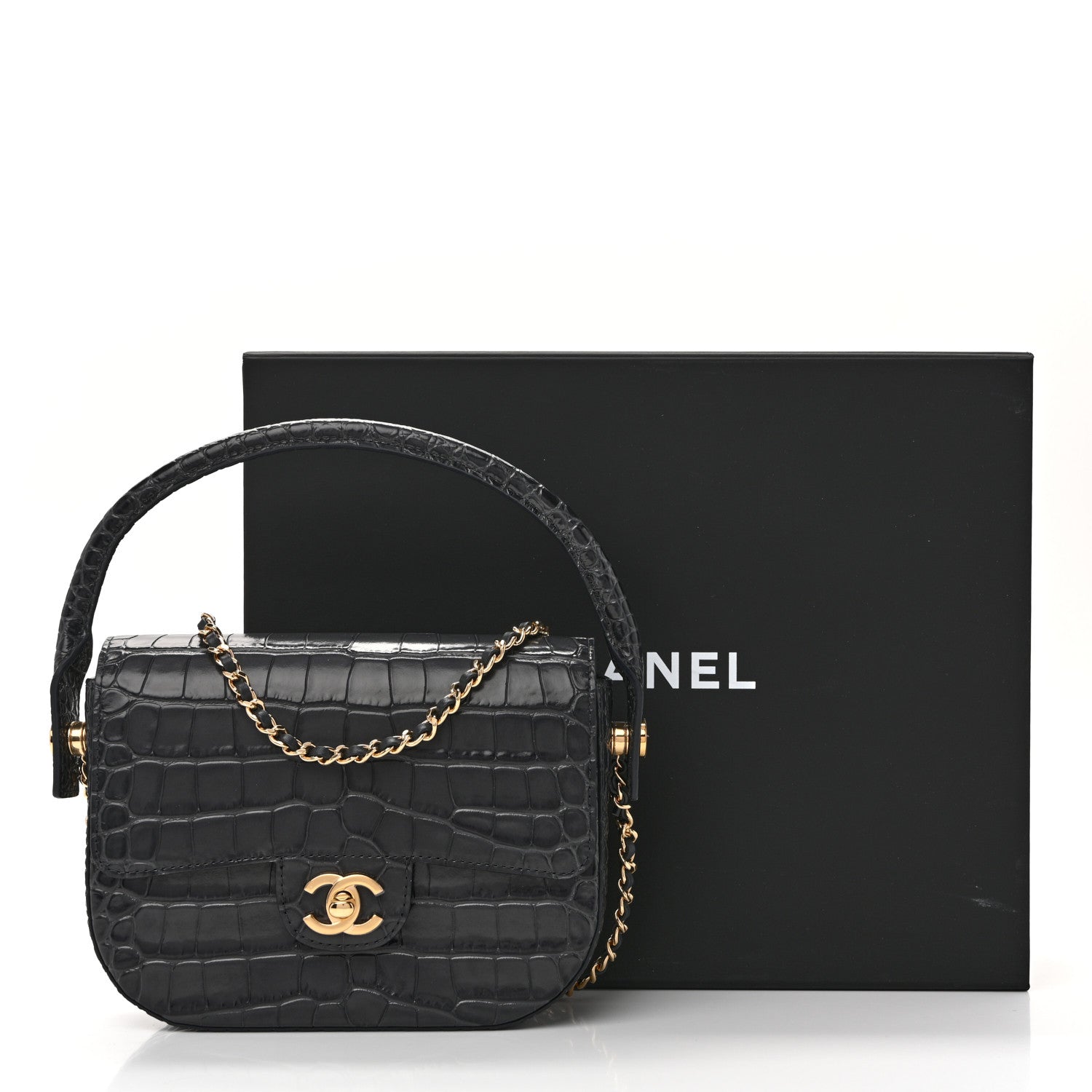 Calfskin Crocodile Embossed Turn Around Mini Flap Dark Grey