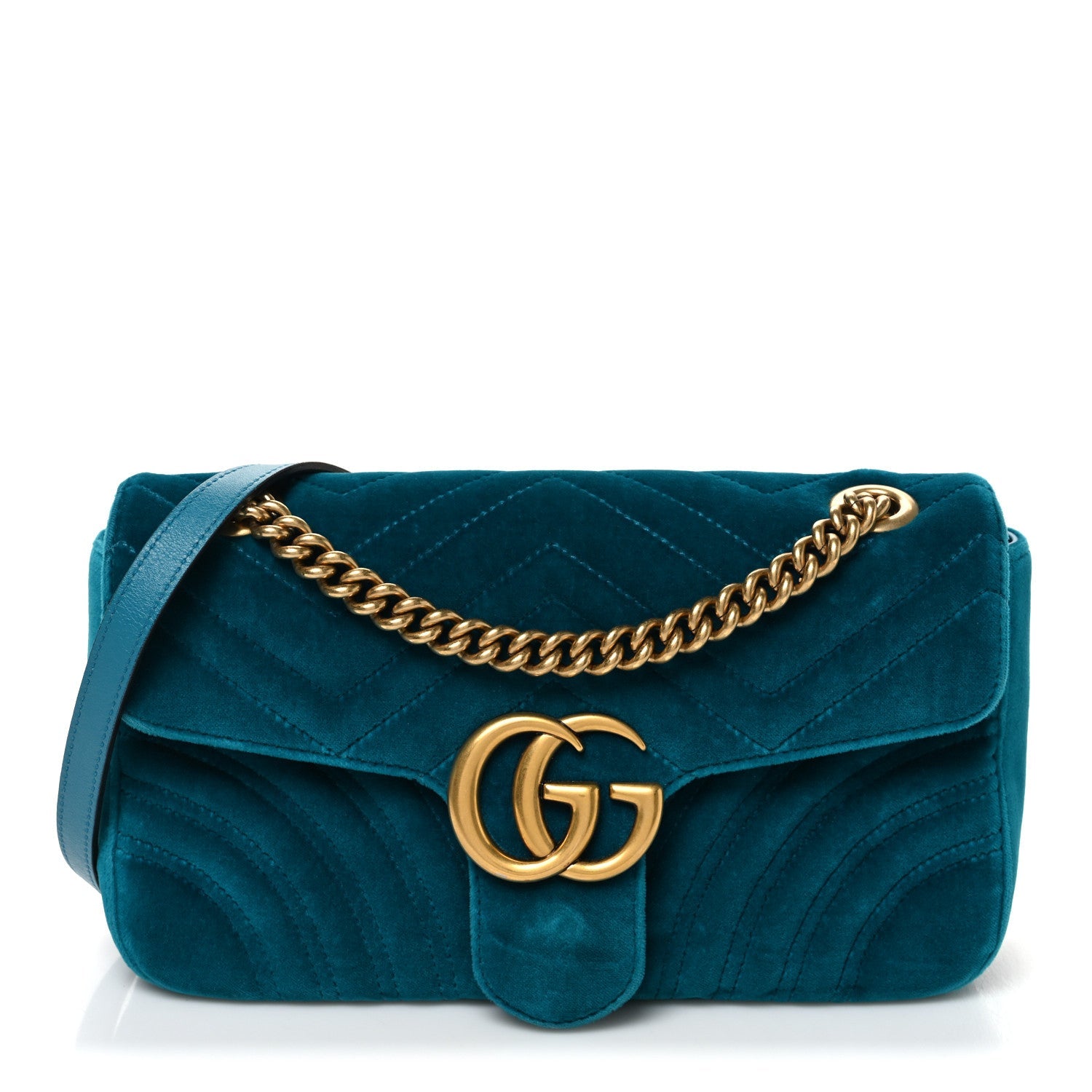 Velvet Matelasse Small GG Marmont Shoulder Bag Pavone Cyan