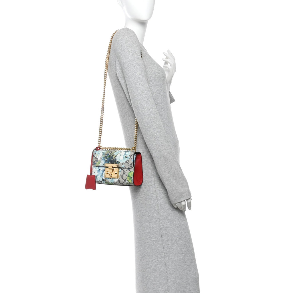 GG Supreme Monogram Blooms Small Padlock Shoulder Bag Beige Blue Navy Hibiscus Red