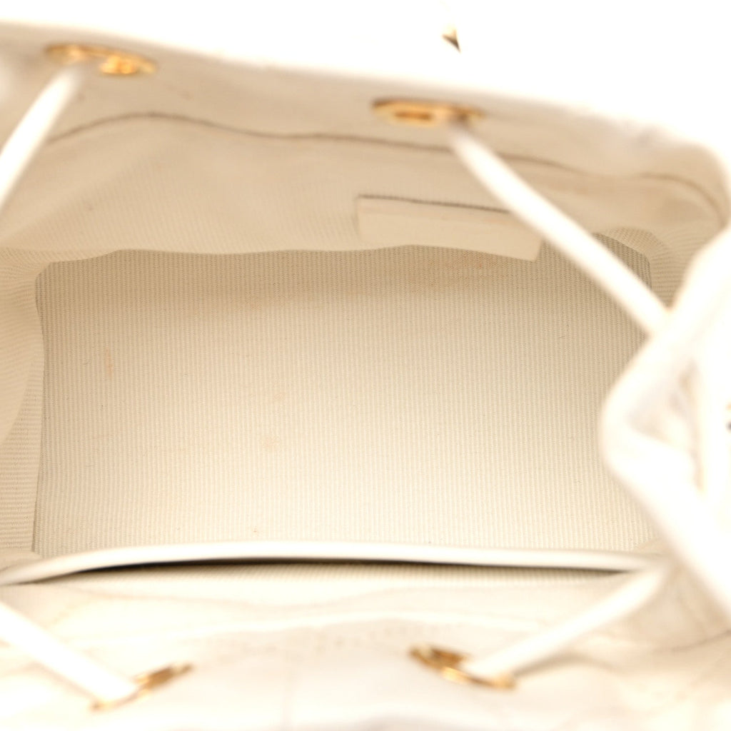 Metal Lambskin Quilted Small Chain Bucket Bag White
