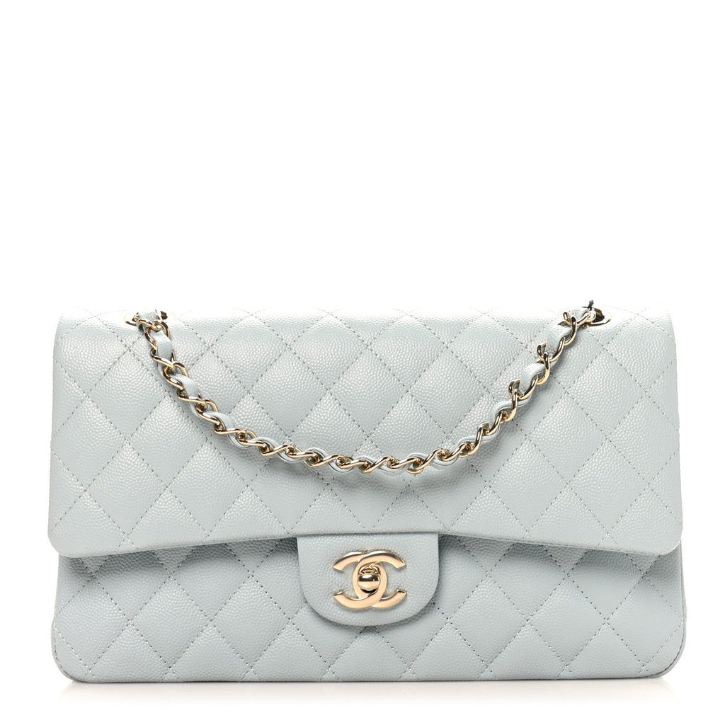 Caviar Quilted Medium Double Flap Light Blue