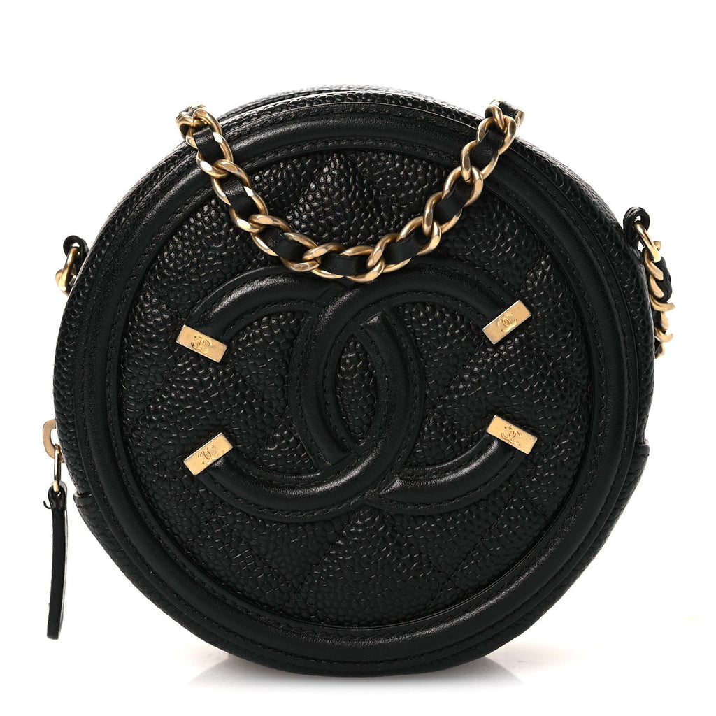 Caviar Quilted Round Filigree Crossbody Black