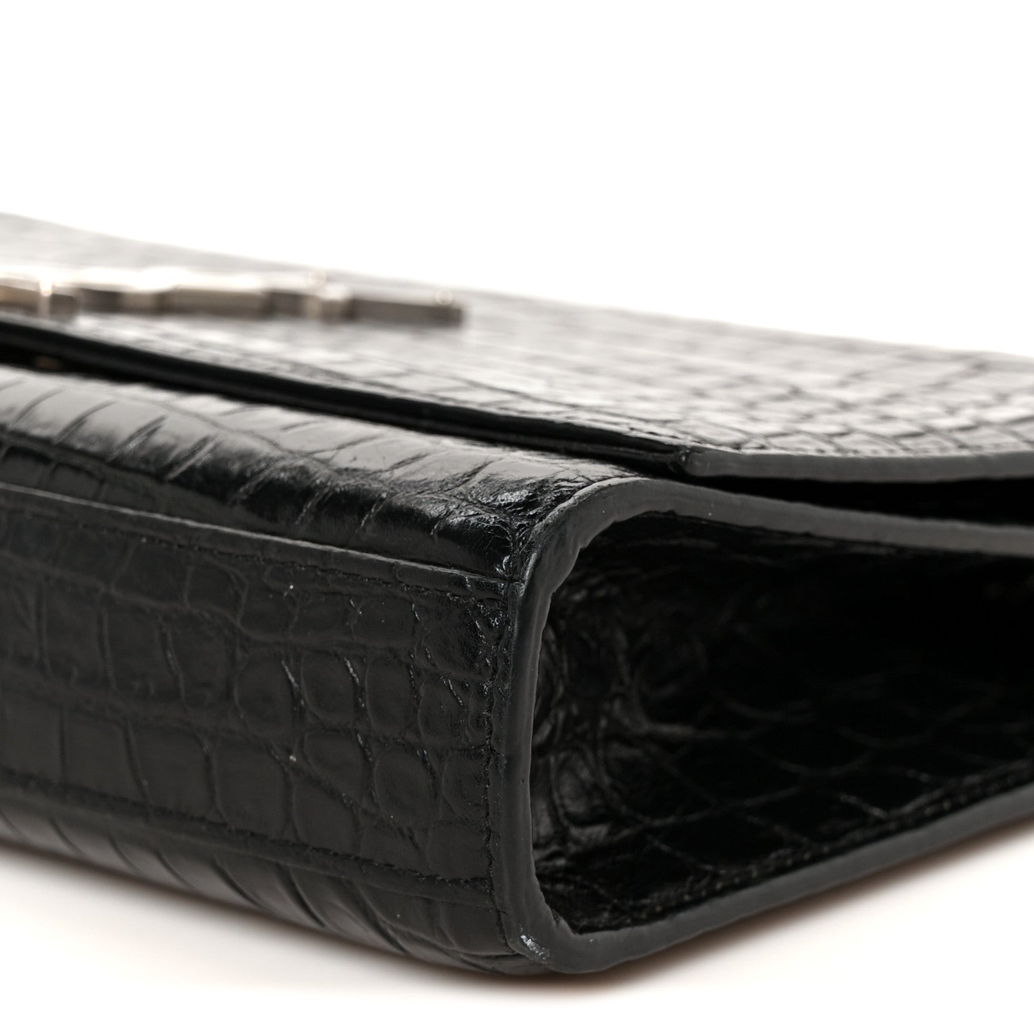 Calfskin Crocodile Embossed Medium Classic Monogram Kate Tassel Satchel Black