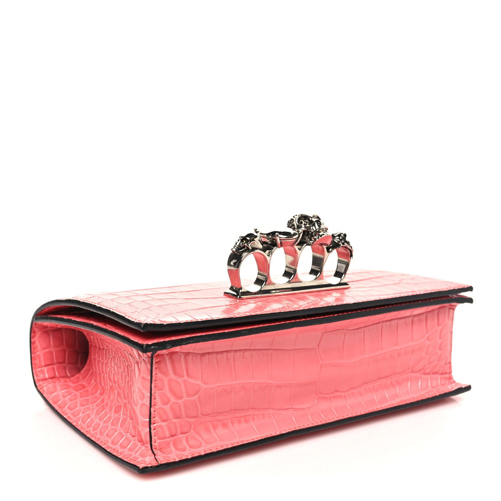 Shiny Crocodile Embossed Jeweled Satchel Pink