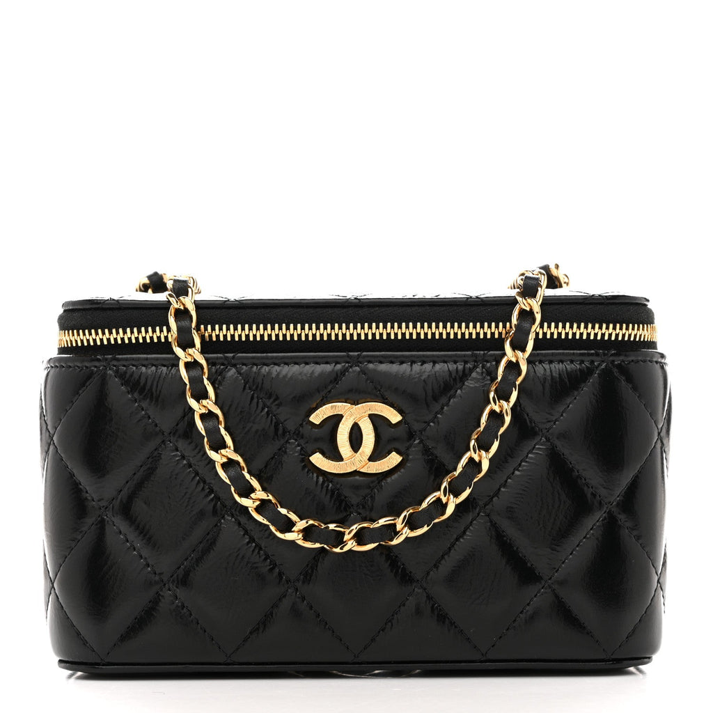 Shiny Lambskin Quilted Small Vanity Case With Chain Black