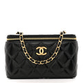 Shiny Lambskin Quilted Small Vanity Case With Chain Black