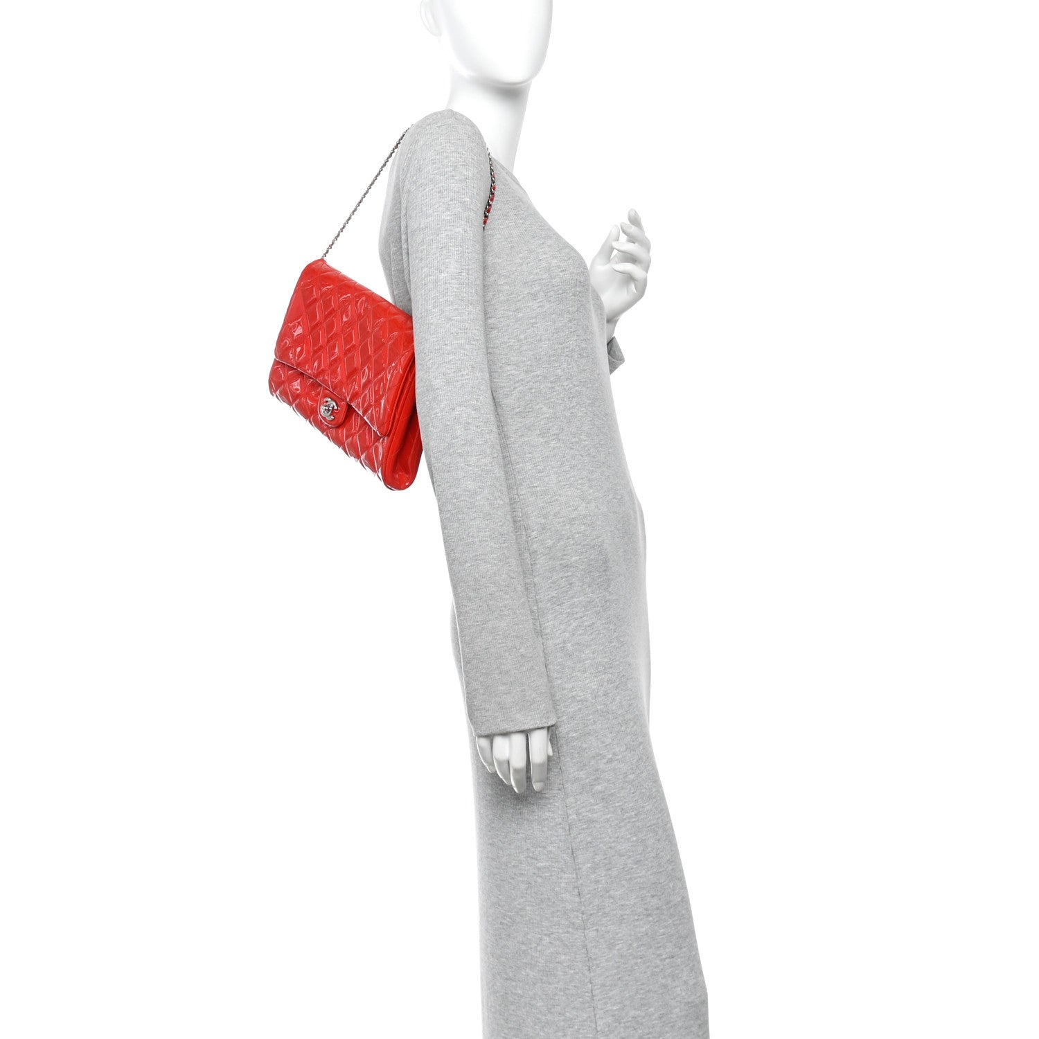 Patent Quilted Clutch with Chain Flap Red