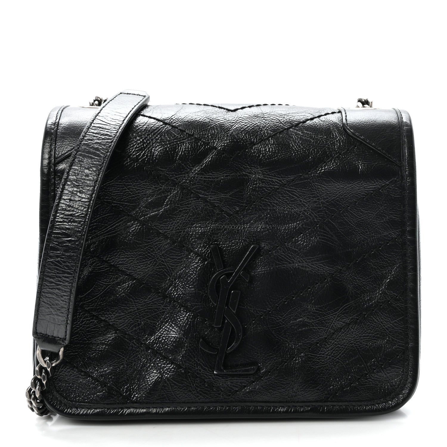 Crinkled Calfskin Matelasse Monogram Niki Chain Wallet Black
