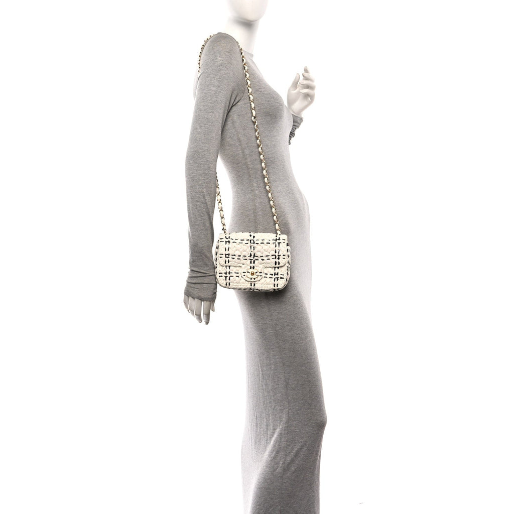 Raffia Effect Tweedy Mini Flap Bag White Black