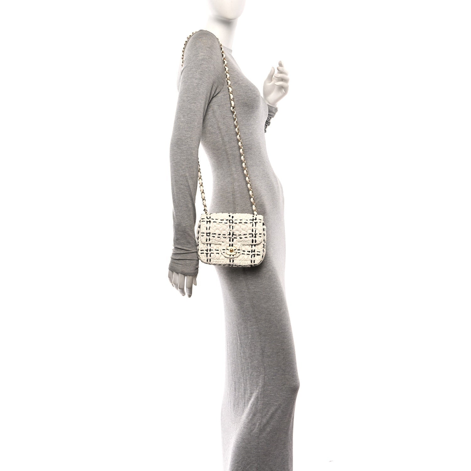 Raffia Effect Tweedy Mini Flap Bag White Black