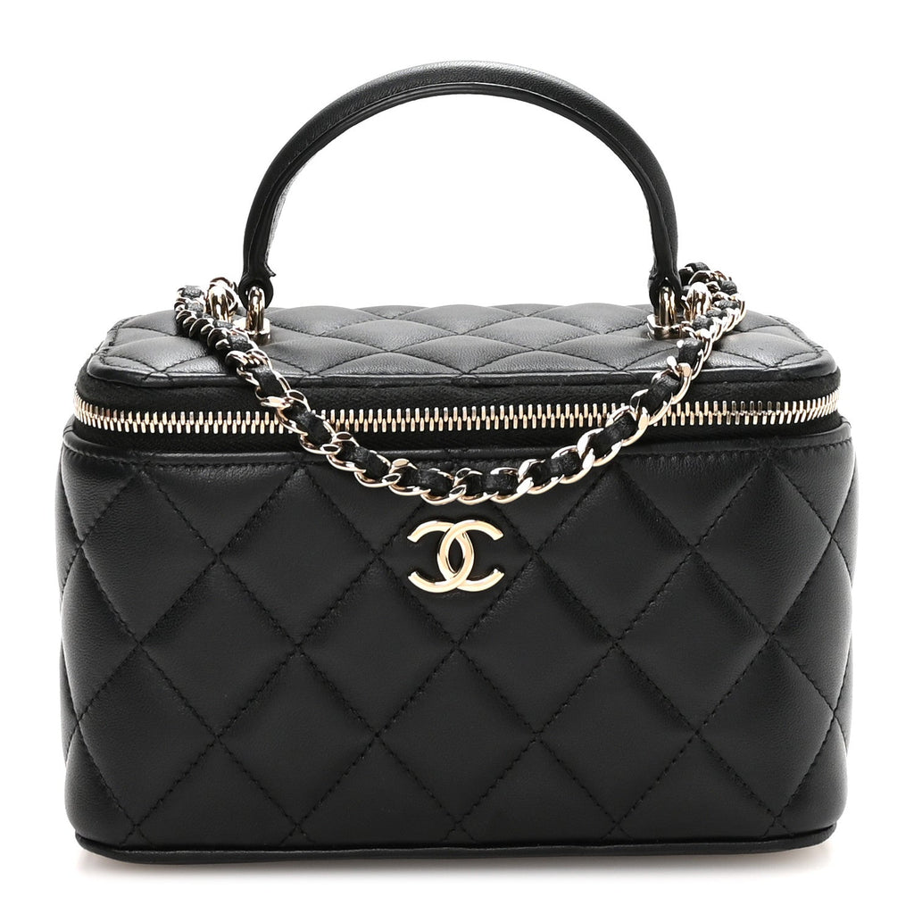 Lambskin Quilted Small Top Handle Vanity Case With Chain Black